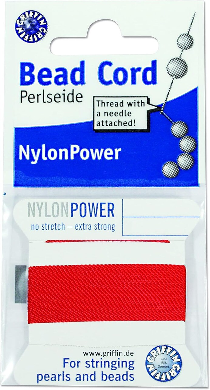 Griffin Nylon Bead Cord Perlseide – Size 4 (0.60mm) – 2 Meters per Card – Stainless Steel Needle Attached – for Knotting Pearls, Gemstones, Crystals and Beads